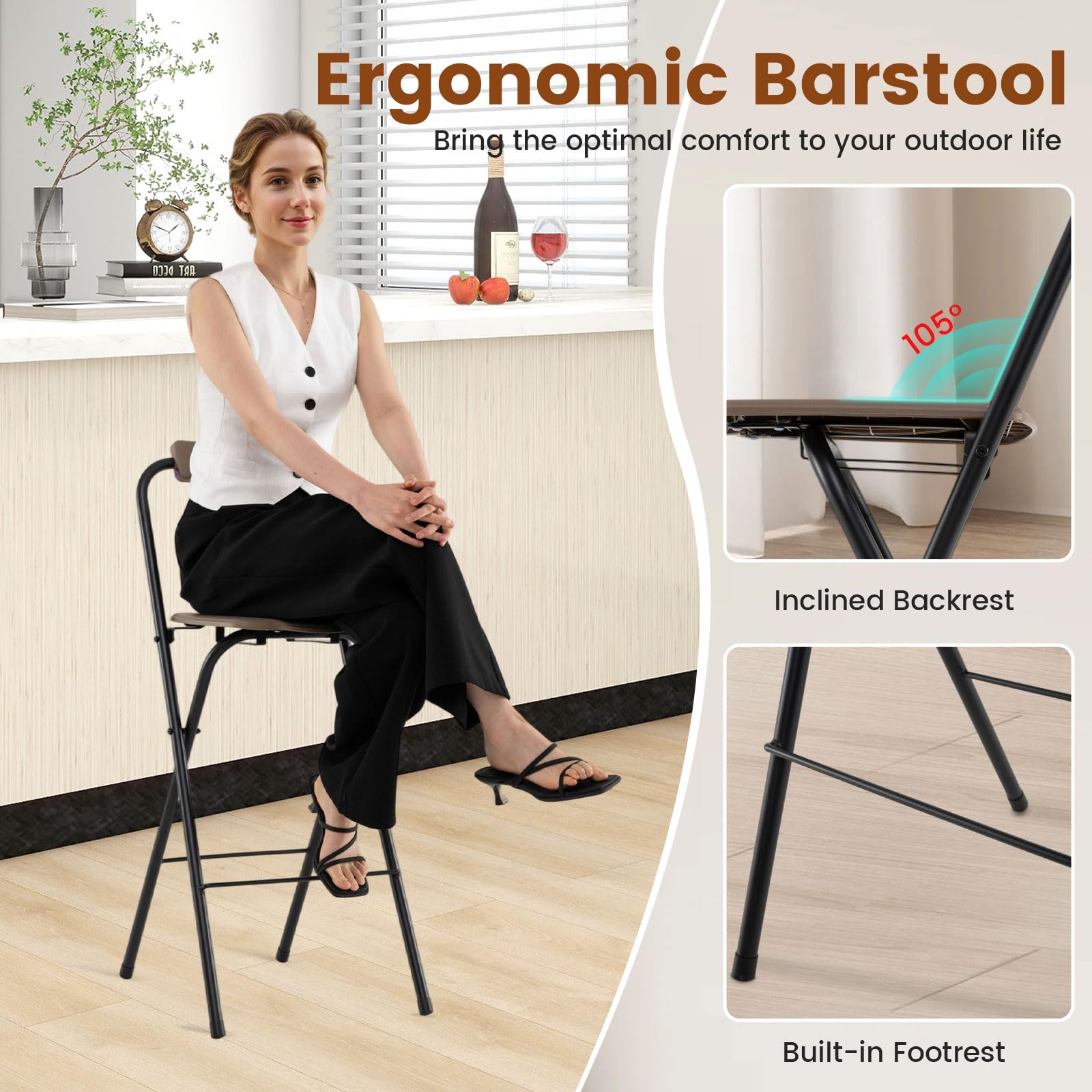 GIANTEX Set di 2 Sgabelli da Bar Pieghevoli, Sedie per Esterni con Schienale Inclinabile, Seduta Curvata e Poggiapiedi, Sgabelli Alti con Struttura in Metallo per Balcone, Terrazza, Giardino (Marrone)