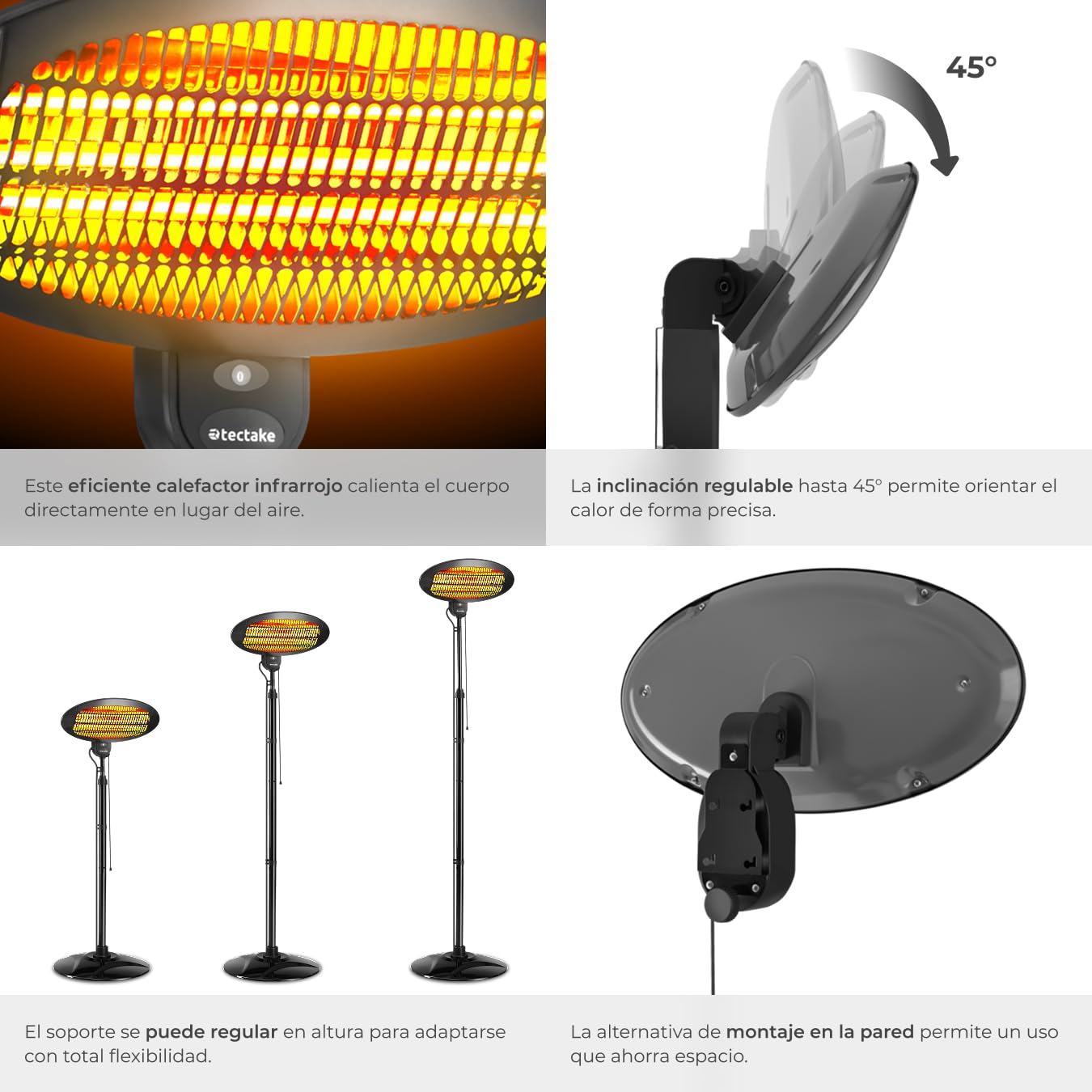 tectake® Calefactor por Infrarrojos, 3 Niveles de Potencia, Ajustable en Altura, Protección Antivuelco, Estufa Exterior, Bajo Consumo, Calefactor Electrico Terraza Exterior - Negro