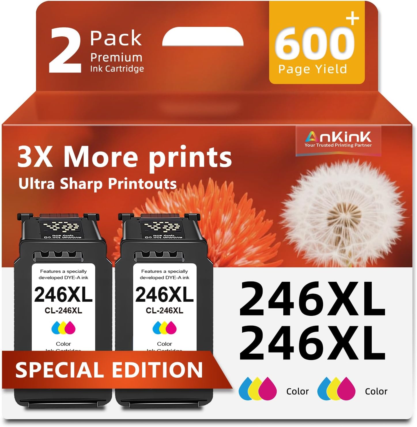 Ankink 246XL Color Ink Cartridge Replacement for Canon 246XL Cannon CL-246 XL 245XL Color Ink Cartridge for MX490 TR4520 TS3322 TR4522 TR4500 TS3122 TS3300 MX492 MG2522 TS3100 TS3320 MG2500 Printer