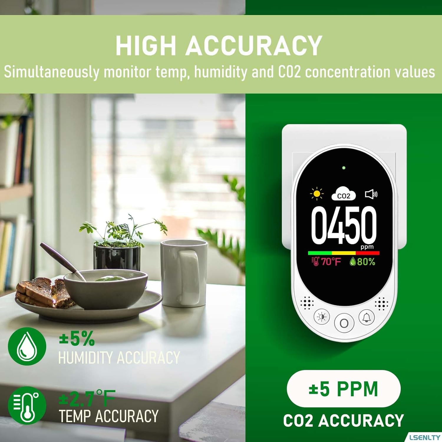 LSENLTY Upgraded CO2 Detector Plug in Wall Design, 3 in 1 Air Quality Detector(Temp, Humidity and CO2 Value), High Accuracy CO2 Meter with Threshold Reminder and Manual Calibration for Home 2 Pack