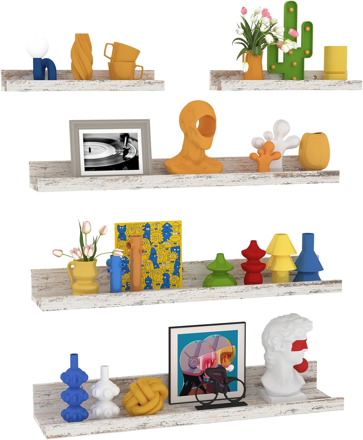 Lyeasw Rustic White Floating Shelves for Wall 24 Inch Long, Set of 5 Tiered-Depth Wall Shelves, Picture Ledge Shelf for Living Room, Bedroom?Kitchen, Office, Bathroom, Nursery 24in Rustic White