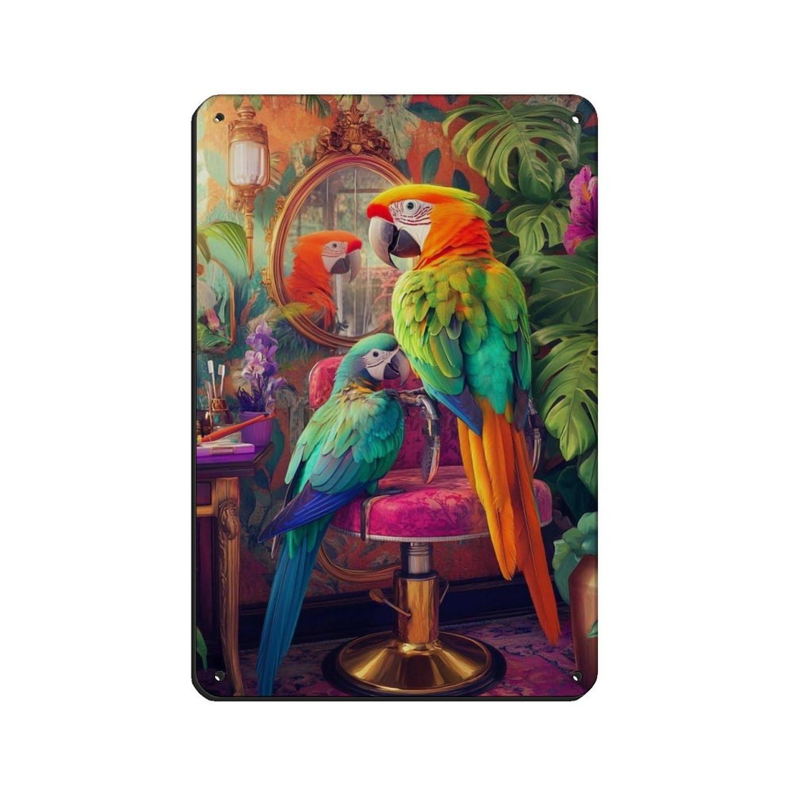 Lxwnze 20L X 30W Cm Colorful Parrots Art, Tropical Bird Tin Sign Vintage Metal Pub Club Cafe Bar Home Wall Art Decoration Poster Retro 8X12inch(20X30cm)