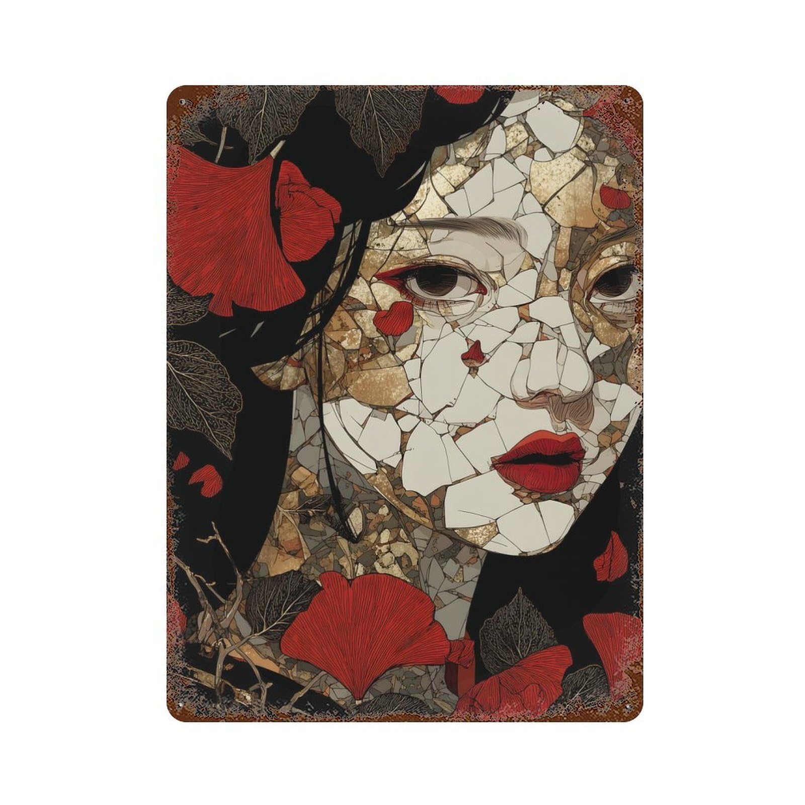 Mosaic Woman Japanese 15.7"x11.8" Vintage Rust Metal Sign, Novelty Wall Decor for Living Room, Hallway And Home Decor
