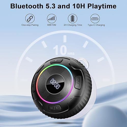 Miniatura 5 de Altavoz de ducha Bluetooth, altavoz Bluetooth 5.3, sonido 6D, portátil con ventosagancho, IPX7 impermeable, con luz LED, pantalla de hora, para