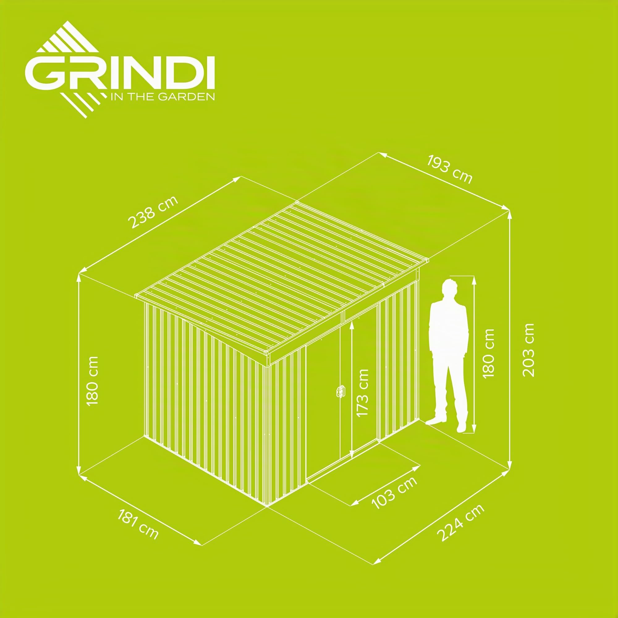 Grindi - Gerätehaus Metall Ribes I - Gartenhütte - Gartenhaus - Geräteschuppen 193x238x202 cm Schiebetür - Garten Schrank - Fahrradgarage - Shelter - Gartengerätehaus - Tiny House