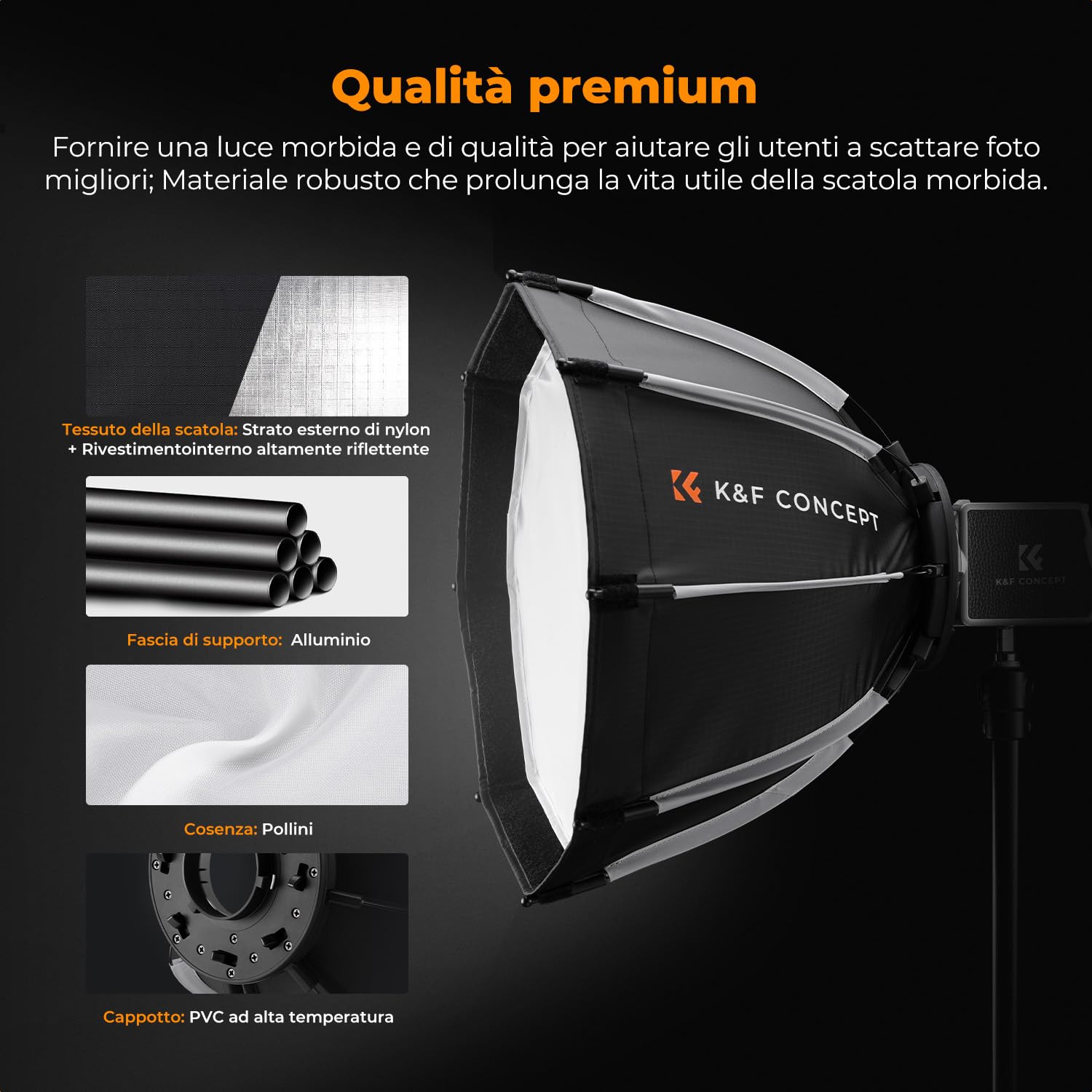 K&F CONCEPT mini Softbox parabolica 40cm con griglia, diffusore e borsa | Attacco baionetta mini compatibile con COB K&F PL-60B, ideale per esterni, ritratti, matrimoni e dirette streaming, LK04