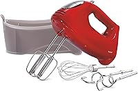Hamilton Beach 6-Speed 275W Electric Hand Mixer with Whisk, Beaters, Dough Hooks, Bowl Rest & Snap-On Case - Red