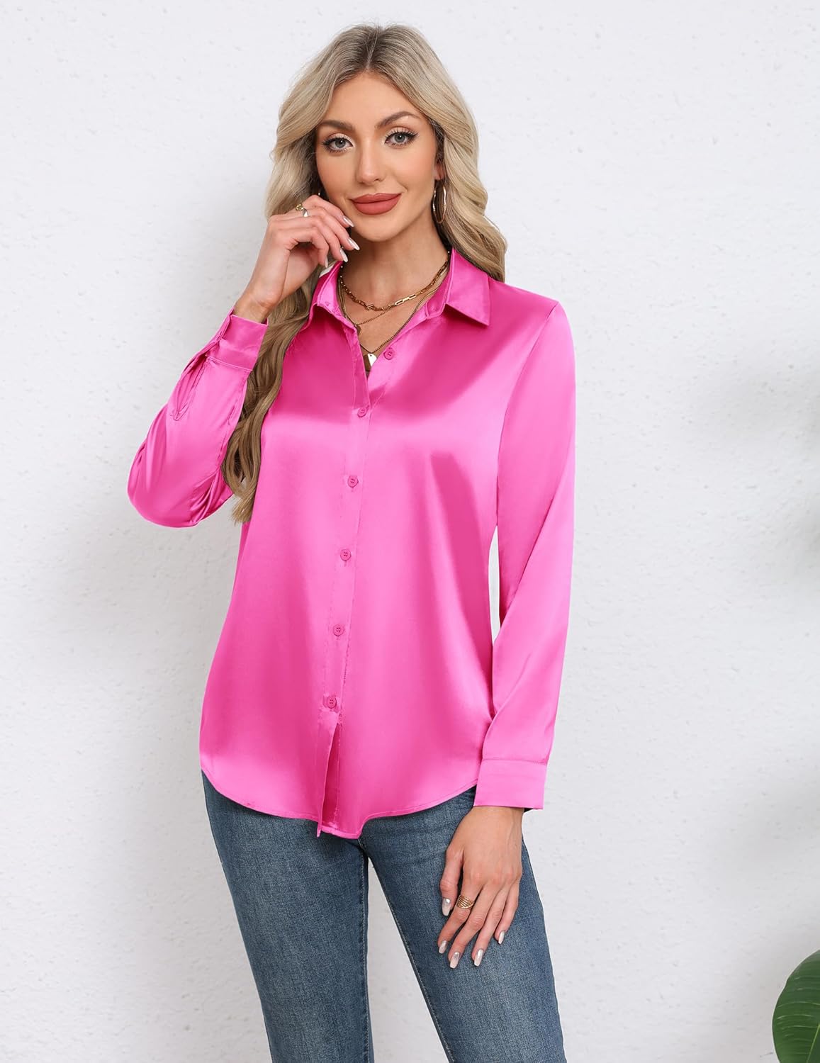HOTOUCH Button Down Shirts for Women Satin Silk Collared Dressy Casual Blouses Loose Long Sleeve Office Work Tops - Image 7