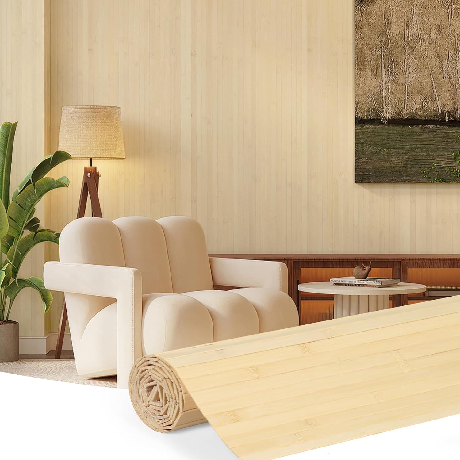 LUCKUP Bamboo Wall Panel for Interior Wall Decor, 48"x96" Renewable Pole Wrap Wainscoting Paneling for Living Room, Bedroom, Kitchen & Office (Natural, 1PC)