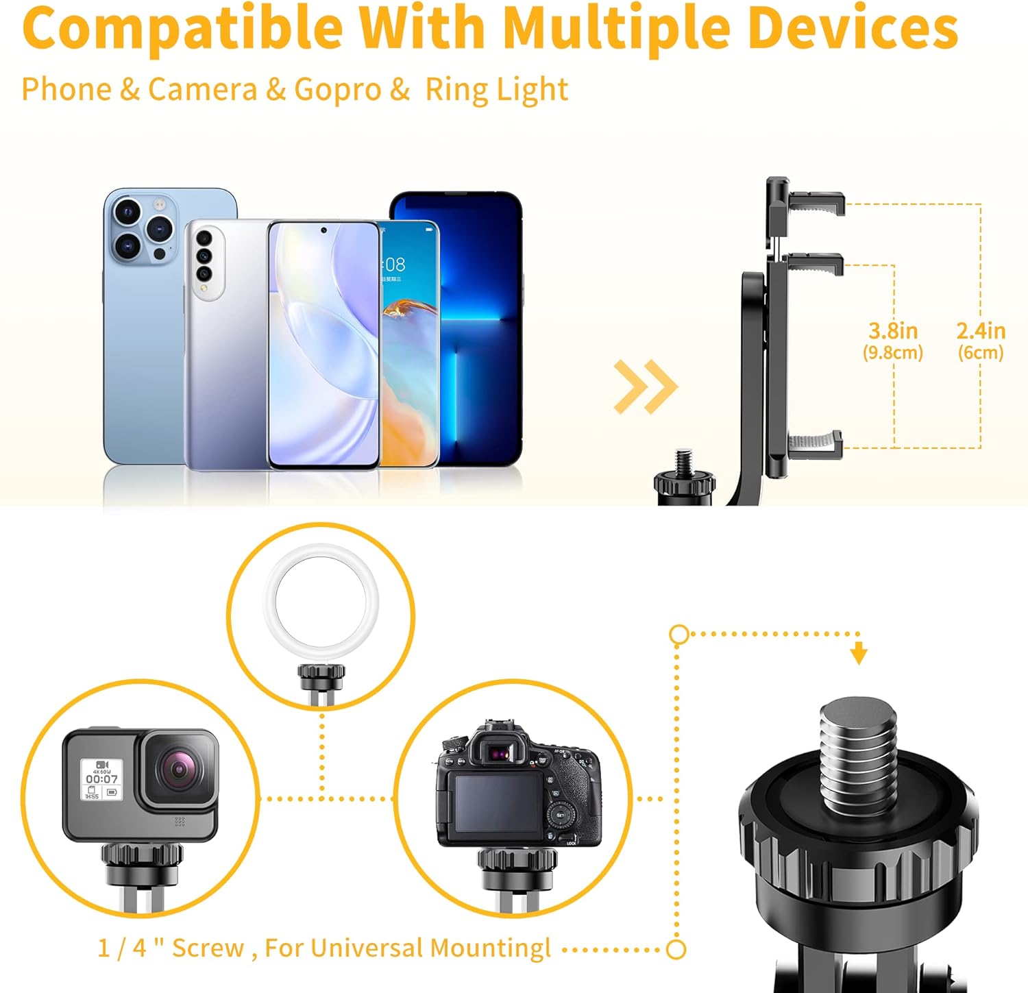 Image illustrating the wide compatibility of the tripod with various phones, cameras, and GoPro devices, highlighting the 1/4-inch screw for universal mounting.