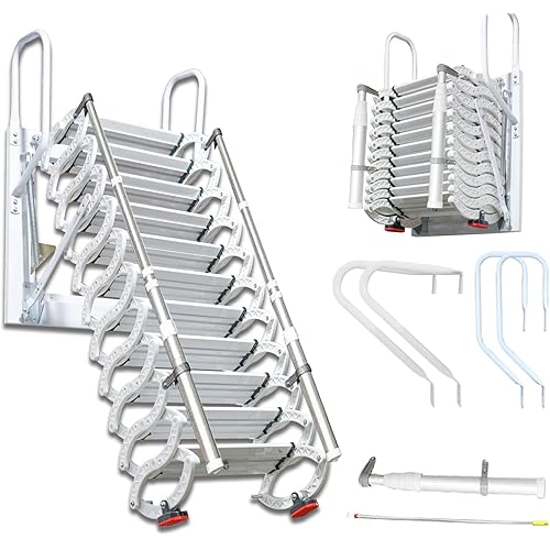 Wall-Mounted Folding Stairs for Attic, Outdoor Attic Ladder Pull Down System, Retractable Loft Ladder with Armrests Handle, 12 Pedal Steps Extension Staircase Up to 600lbs (White, 12 Steps)