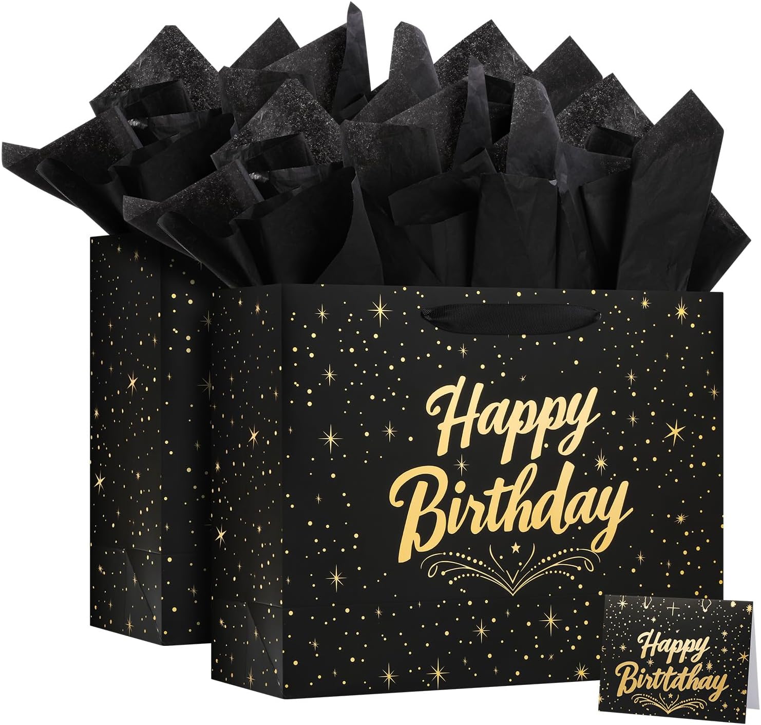 BeiLaad Large Happy Birthday Gift Bag with Tissue Paper and Greeting Card, Black Gift Bag for Men Women Birthday, Party, Medium size(2 PCS Black)