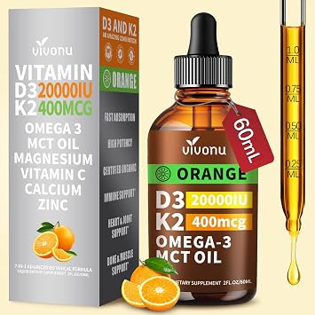 VivoNu Organic Vitamin D3 K2 Drops, D3&K2 as MK-7 Calcium, Zinc & Omega 3