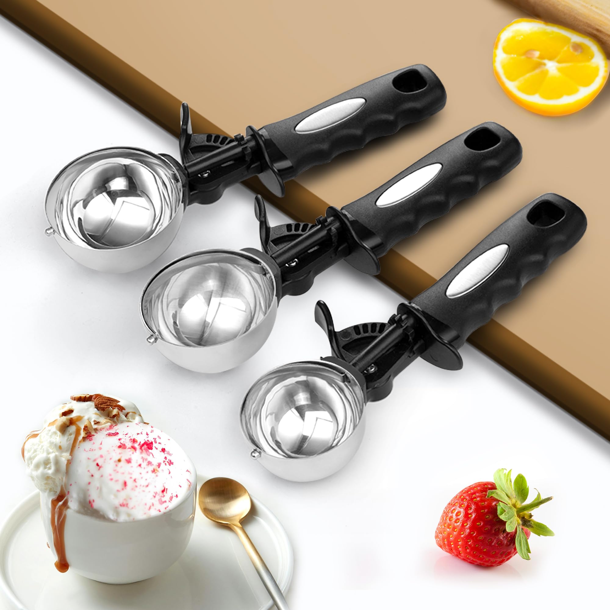 Ice Cream Scoop Set, Large Cookie Scoop Set 3 PCS for Baking 5,5cm / 6,5cm / 7cm Sizes with Thumb Trigger - Image 2