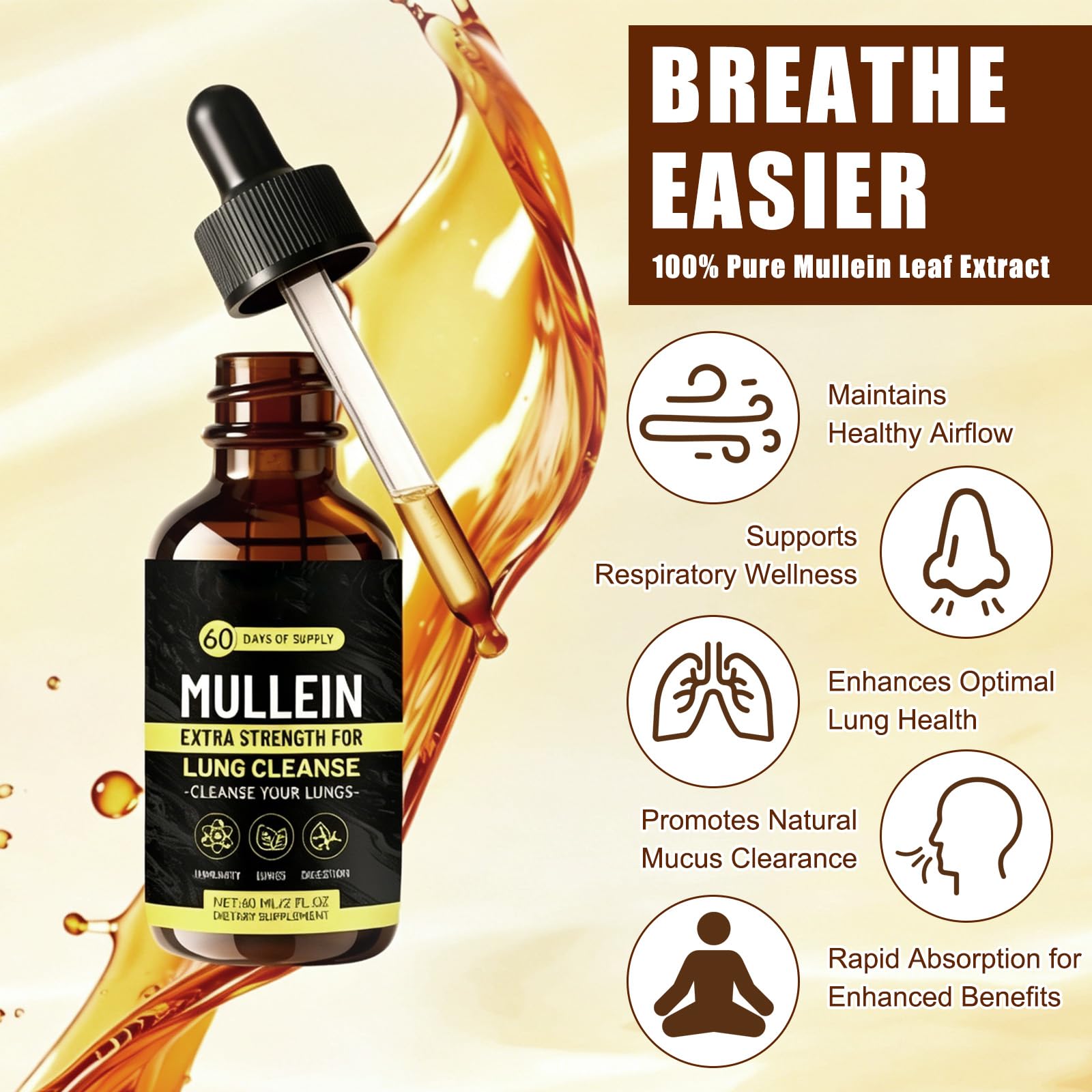 Mullein Tropfen Königskerze Extrakt, Lungenreinigungs Tropfen, Natürlich Mullein Leaf Extract Drops, zur Lungenreinigung, Schnelle Absorption für Männer und Frauen (60 ml)