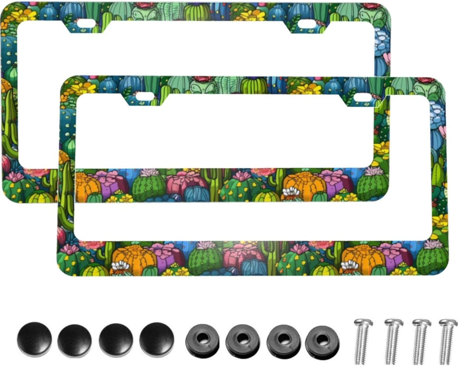Cactuses and Succulents Matte Aluminum License Plate Frame with Black Screw Caps，2pcs 2 Holes Black Licenses Plates Frames,Car Licenses Plate Covers Holders for Us Vehicles/Women/Men