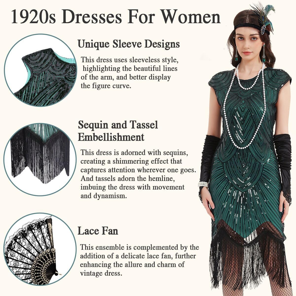 Women's Flapper Dresses 1920s Sequin Fringe Beaded Cocktail Crew Neck Dress Roaring 20s Accessories Vintage Lace Fan Headband - Image 7
