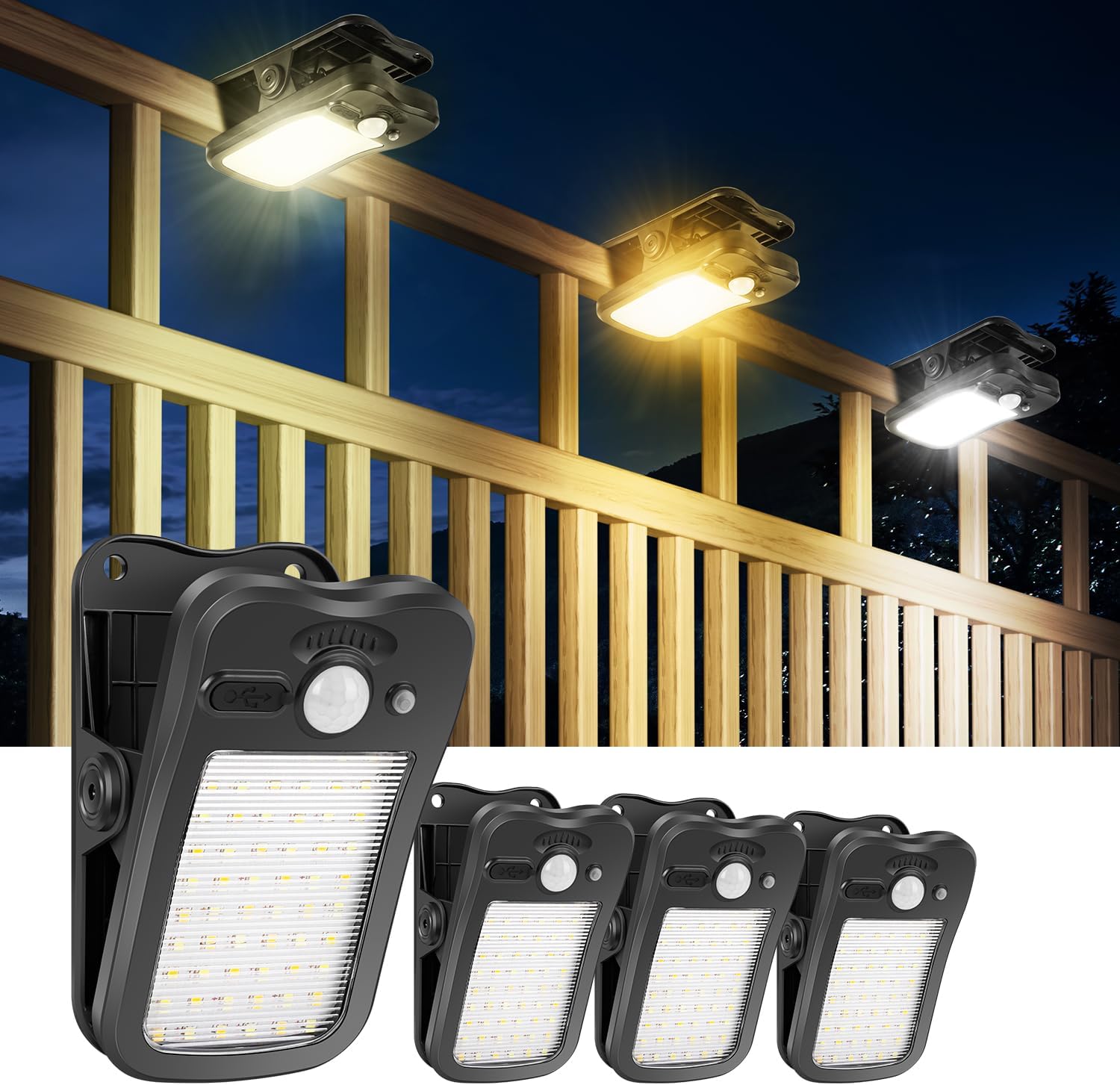 Clip On Solar Motion Lights Outdoor, 800LM 3 Modes & 3 Color (3000K/5000K/6500K), USB Charging & Remote Control, Waterproof Outdoor Flood Sercurity Light for Fence, Patio, Camping（4 Pack）