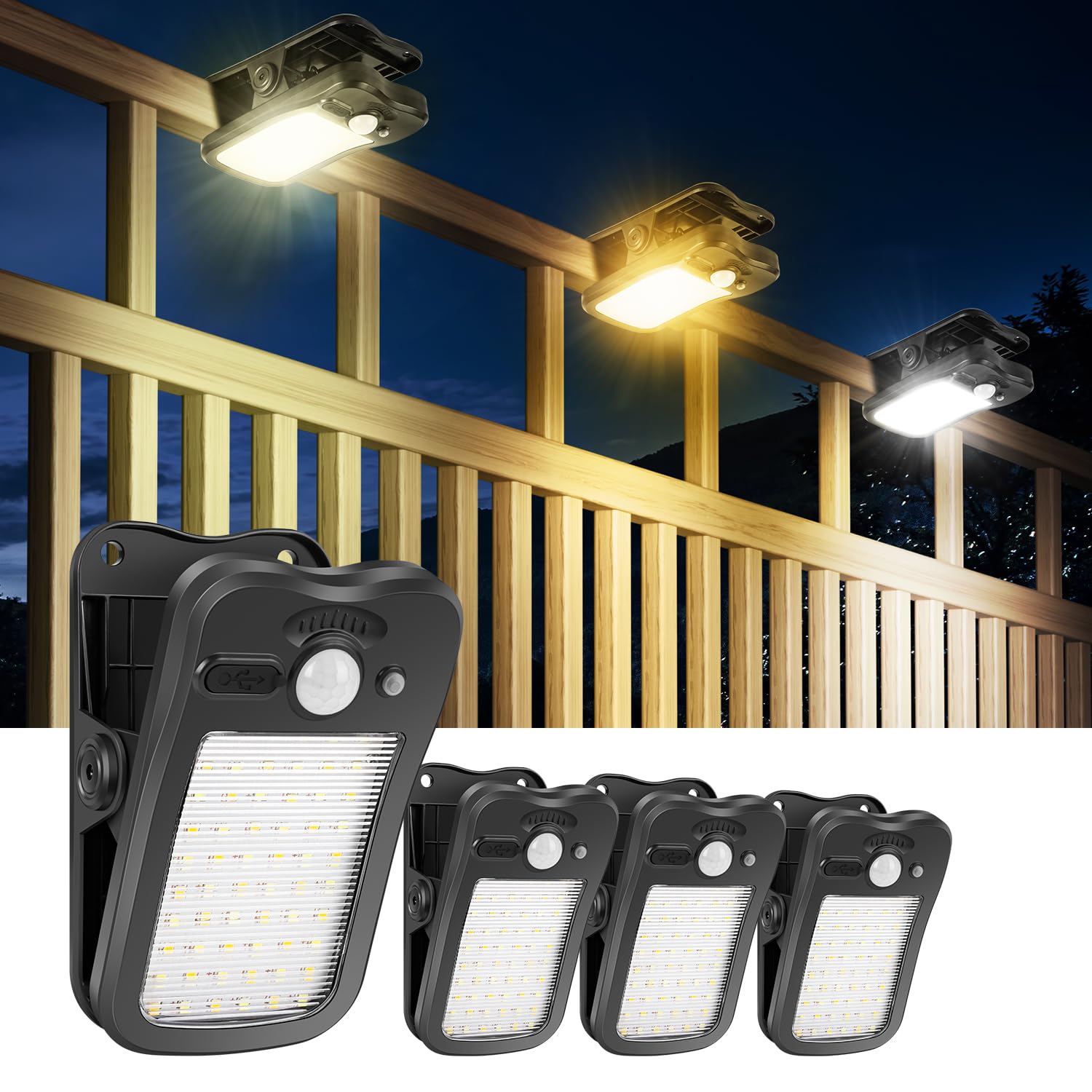 Luz Solar Exterior con Pinza - Lámparas Solares con Sensor de Movimiento 800LM Foco Solar 3 Modos & 3 Colores Luces Solares con USB y Control Remoto Impermeable para Valla Jardines (4 Piezas)