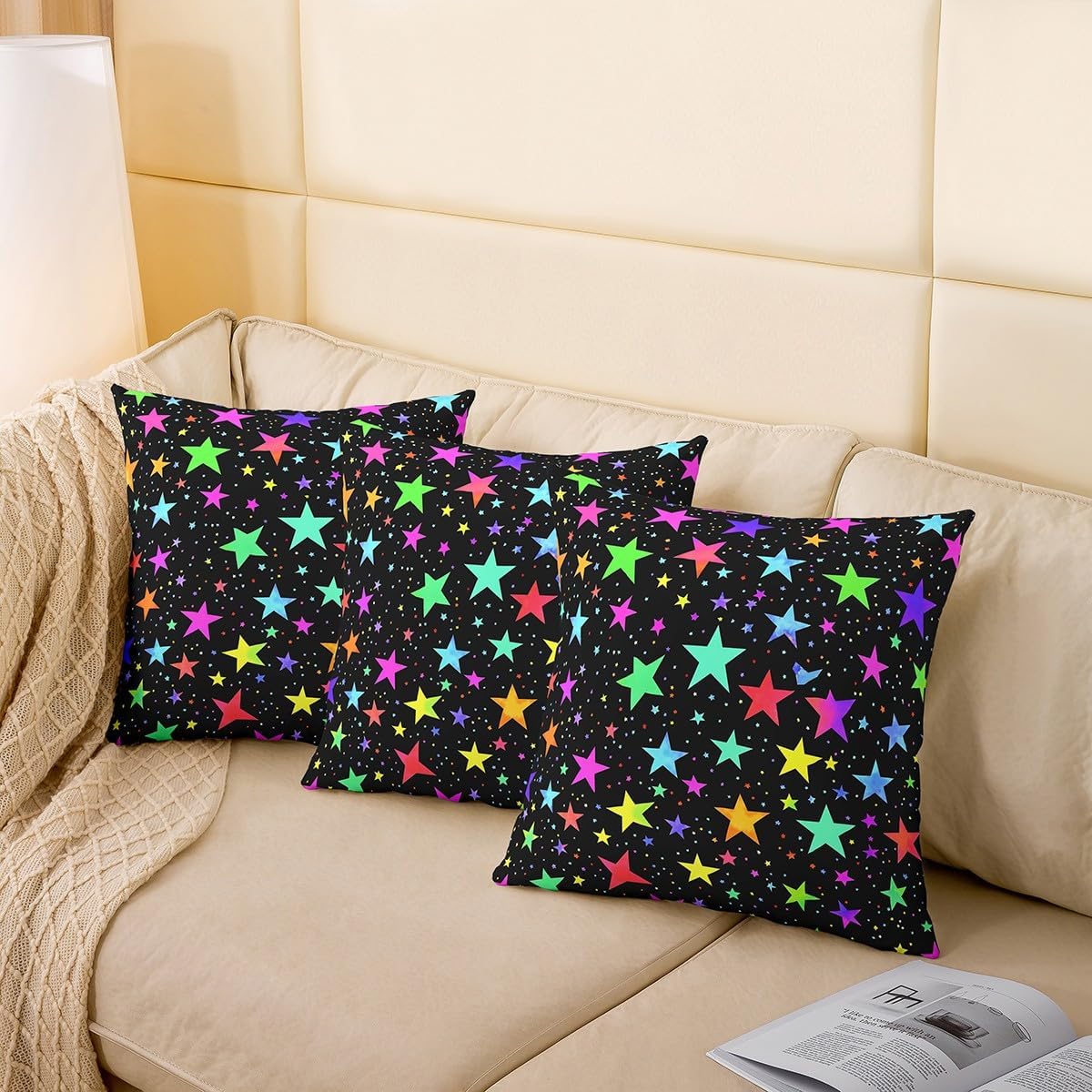 Erosebridal Kawaii Glitter Stars Set of 2 Throw Pillow Covers 24x24 Inch Rainbow Glowing Star Pillow Covers Psychedelic Space Cosmos Cushion Covers Colorful Neon Light Star Girls Cute Cushion Cases