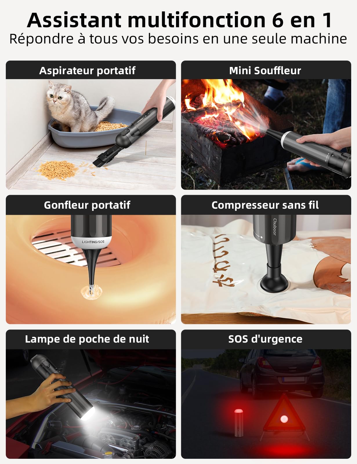 Chuboor Aspirateur Voiture, Aspirateur à Main 14000Pa Mini Aspirateur 6 en 1 Multifonction 25min avec Souffleur d'air/Gonfleur/Pompe/LED et Lumière SOS pour La Maison, La Voiture, L'extérieur