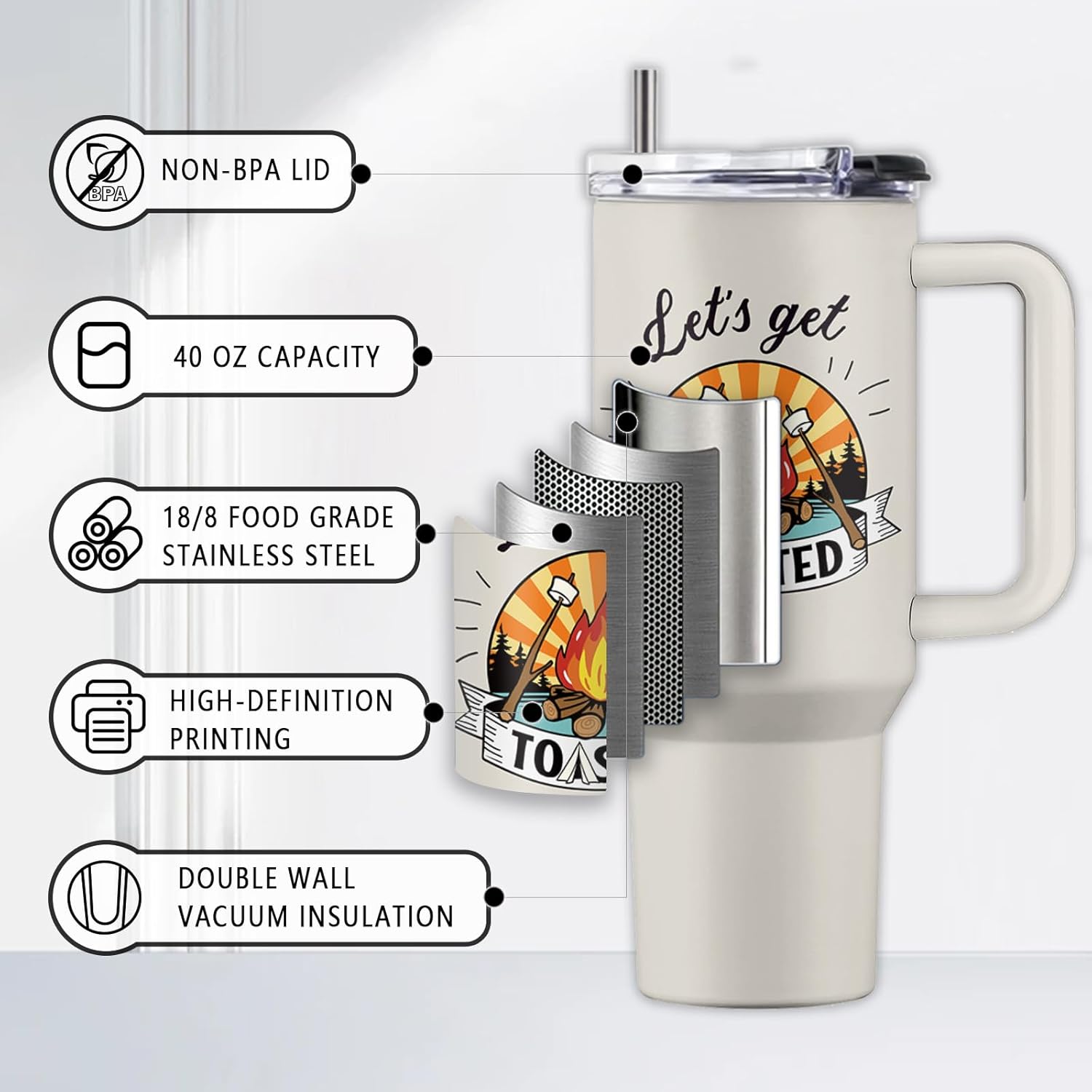 Gift Idea for Campers, Campsite Tumbler with Handle, 40 Oz Stainless Steel Camp Tumbler, Camper Gifts for Campers Women Men, Camping Lovers, Gifts for Thanksgiving Christmas, 1 PCS - Image 4