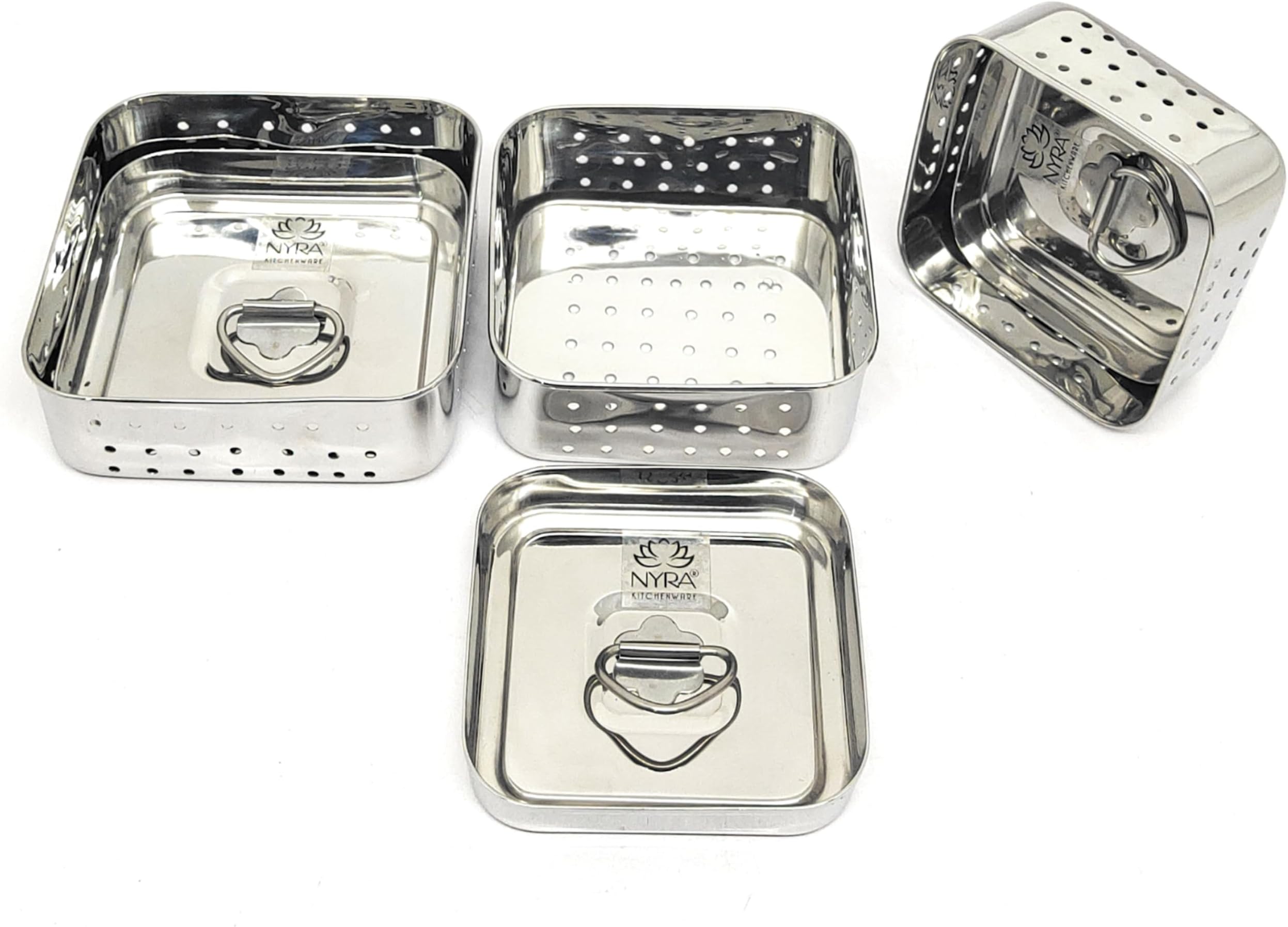 Nyra® Stainless Steel Square Shaped Paneer Maker/Mould/Strainer, Perfect for Making Delicious Tofu, Stainless Steel Paneer Maker with Top Pressing Lid Set of 2 Pcs with Top Press Lid (Small + Medium)