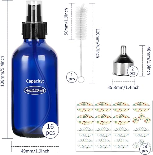 Miniatura 2 de CycleMore, 16 botellas de spray de vidrio azul de 120 ml, 4 oz, con rociadores de niebla fina, botellas de vidrio para viajes para cosméticos,