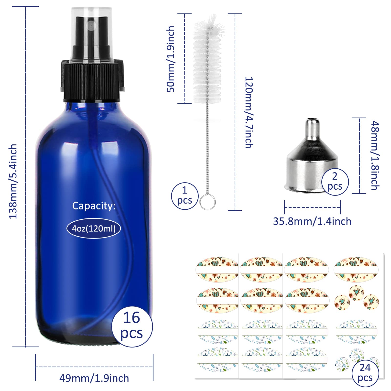 CycleMore Niebieskie szklane butelki z rozpylaczem o pojemności 120 ml, 16 sztuk, z drobną mgiełką, szklane butelki podróżne na kosmetyki, olejki eteryczne, perfumy i inne płyny (1 szczotka, 2 lejki i