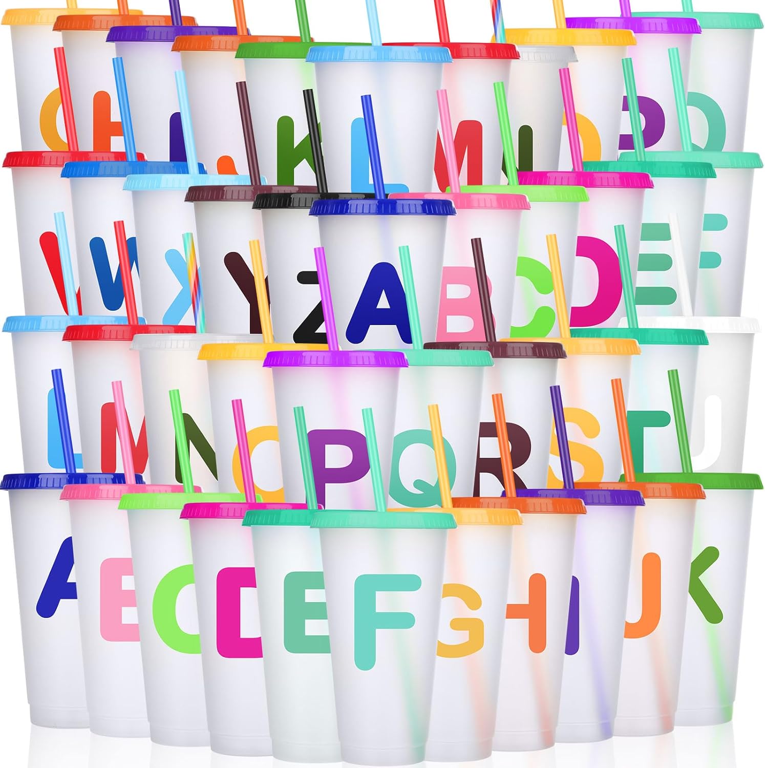 Honeydak 24oz Christmas Cup Christmas Tumbler with Straw and Lid Bulk Christmas Gifts Holiday Reusable Plastic Cups Water Bottle Iced Coffee Travel Mug Cup for Party (Bright Letter Designs,100 Pcs) Bright Letter Designs 100