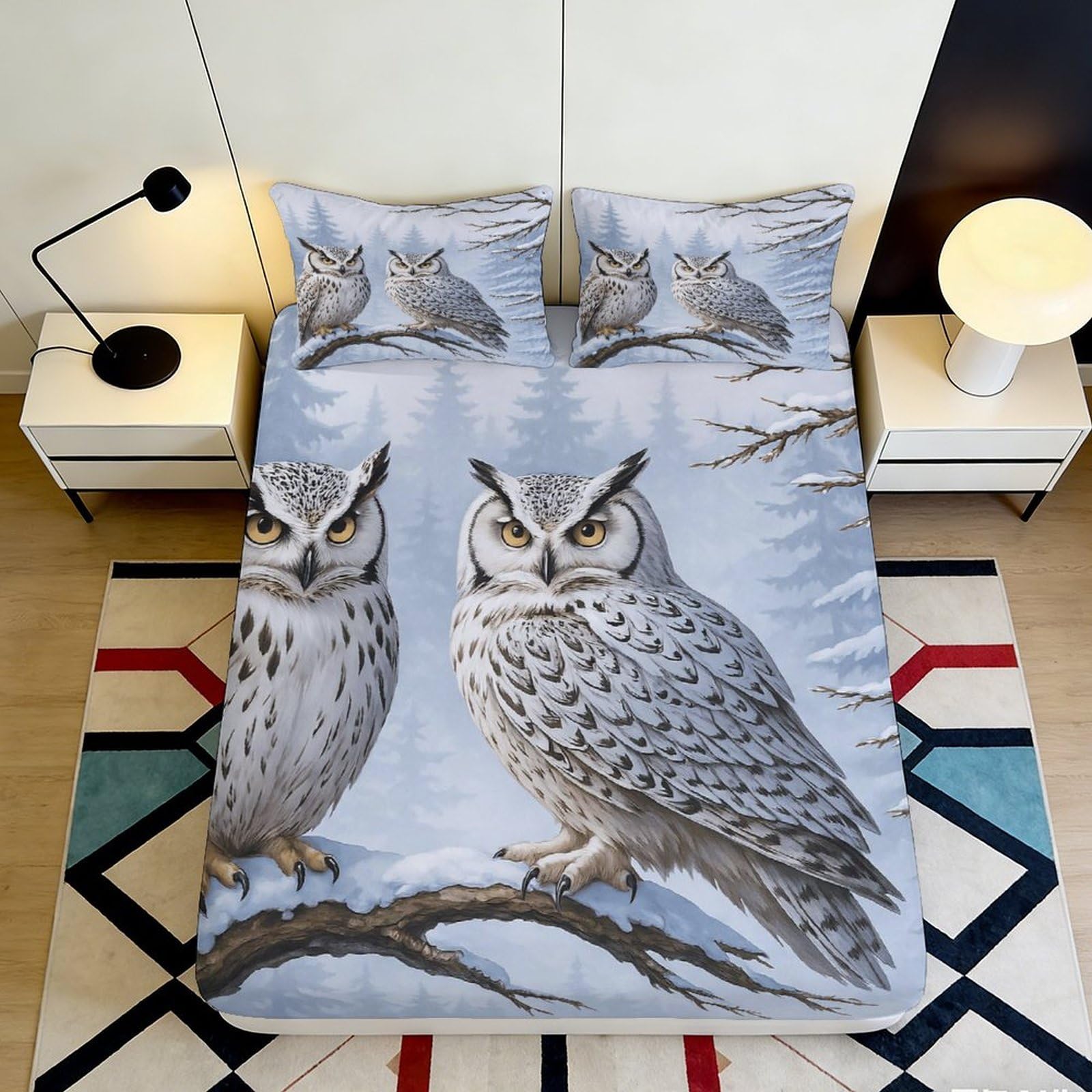3D Printed Snowy Owl Fitted Sheet Microfiber Soft Non-Slip Winter Forest Mattress Cover Bedroom Decor 120x200cm 200x200x25cm
