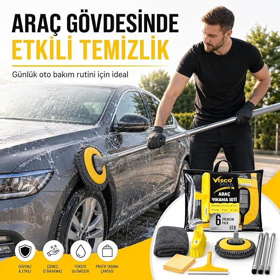 SOGUD Viscomop Araç Yıkama Seti - Oto Temizlik Kiti - 6'lı Premium Araba Bakım Paketi - Mop Fırça Cam Çek Kurulama Bezi Cam Bezi 3 Parçalı Sap - İç Dış Detaylı Temizlik