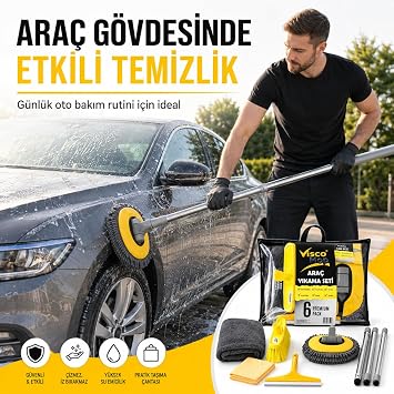 SOGUD Viscomop Araç Yıkama Seti - Oto Temizlik Kiti - 6'lı Premium Araba Bakım Paketi - Mop Fırça Cam Çek Kurulama Bezi Cam Bezi 3 Parçalı Sap - İç Dış Detaylı Temizlik