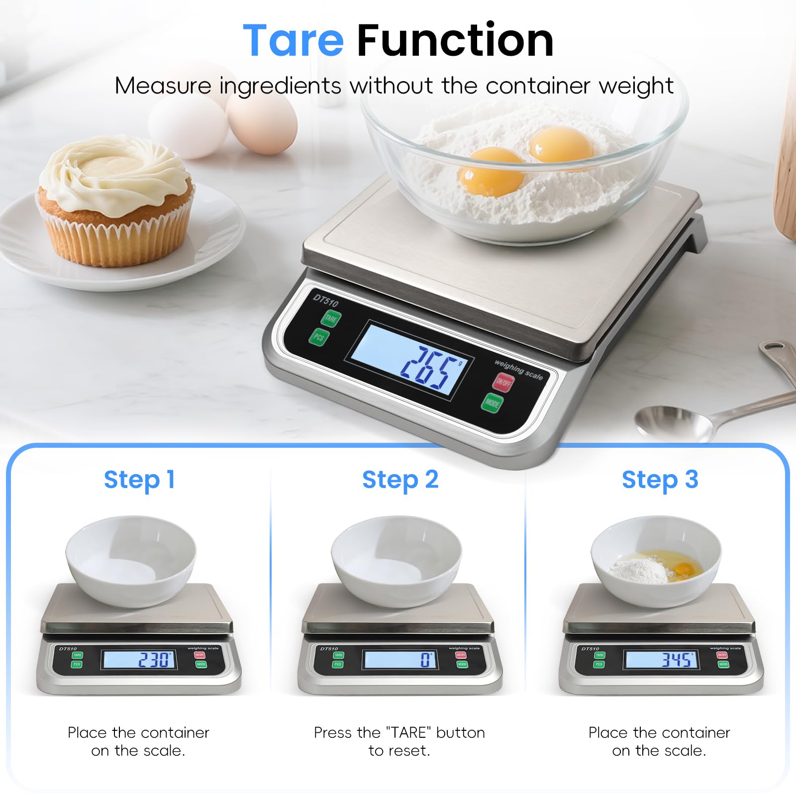 Báscula de cocina de 40 kg, báscula de alimentos grande para cocinar panadería, contar, báscula digital de acero inoxidable 304 con pantalla LCD, báscula eléctrica para hornear con función tara