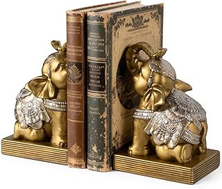 Elephant Book Ends for Shelves, Vintage Decorative Bookends, Book Holders with Anti-Slip Pad for Book Lovers Heavy Book Stopper for Home Office Decor (Gold)
