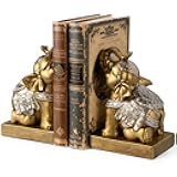 Elephant Book Ends for Shelves, Vintage Decorative Bookends, Book Holders with Anti-Slip Pad for Book Lovers Heavy Book Stopper for Home Office Decor (Gold)