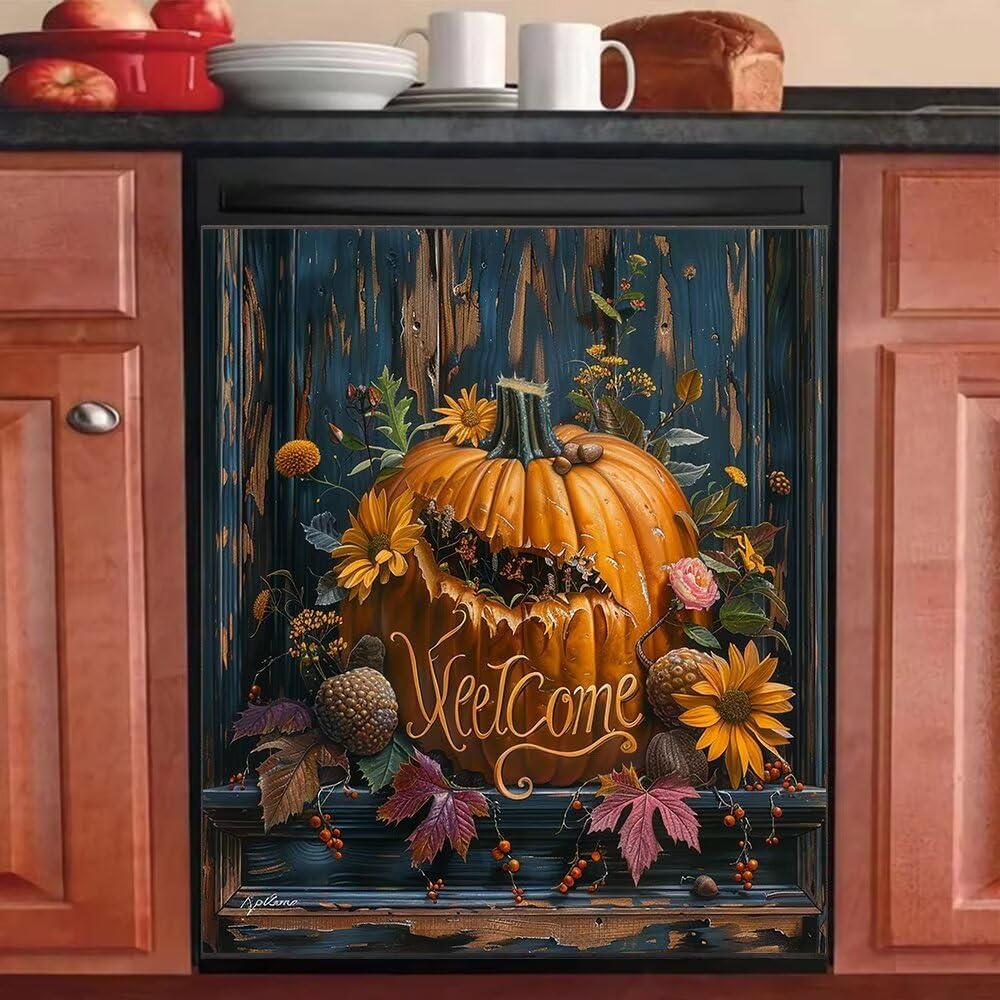 Vintage American Flag Fridge Cover Magnetic Sticker Retro Watering Can Sunflower Dishwasher Magnet Cover Autumn Pumpkin Maple Leaf Washing Machine Refrigerator Panel Decal 23" x 26" Magnetic