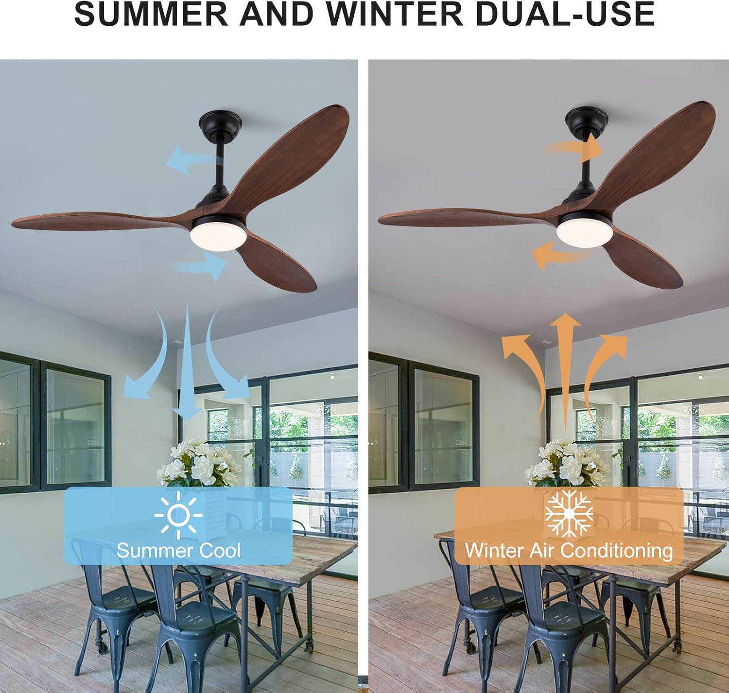 BOJUE 52 inch Ceiling Fans with Lights and Remote Control, Dimmable LED Light, Indoor Outdoor Mordern Black Ceiling Fan with 3 Wood Blade for Patio Living Room, Bedroom, Office, Summer House