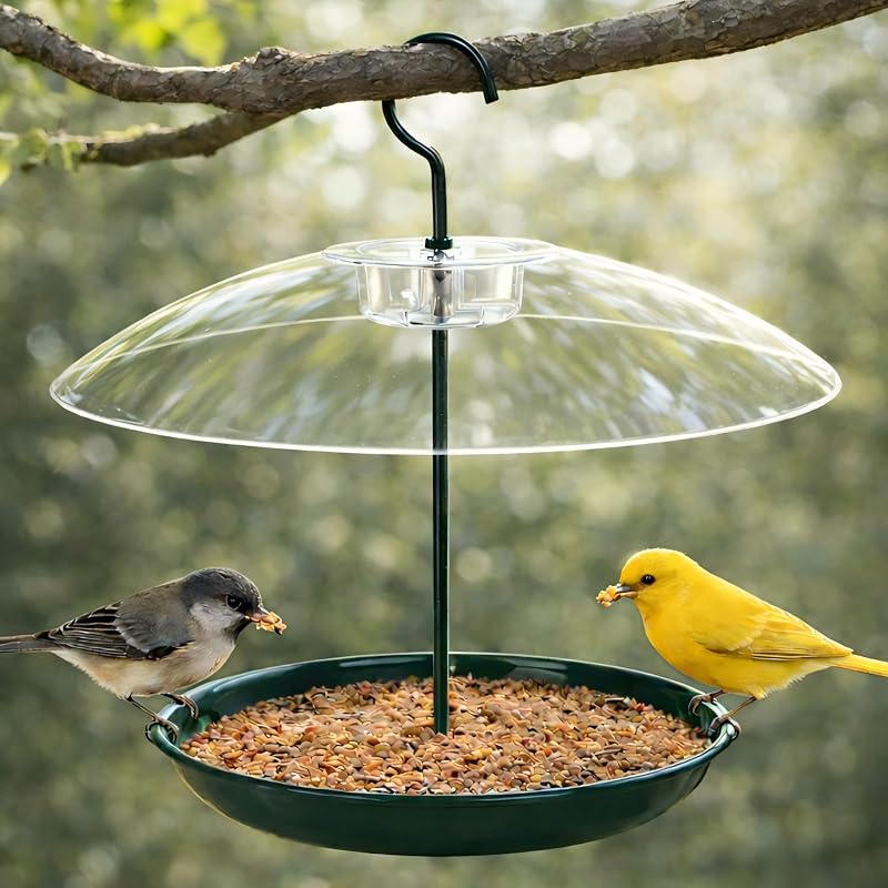 Platform Bird Feeder for Outdoors Hanging with 12” Weatherproof Dome, Squirrel-Resistant Metal Tray, 2 Lbs Seed Capacity, 360° Multi-Bird Feeding, Green
