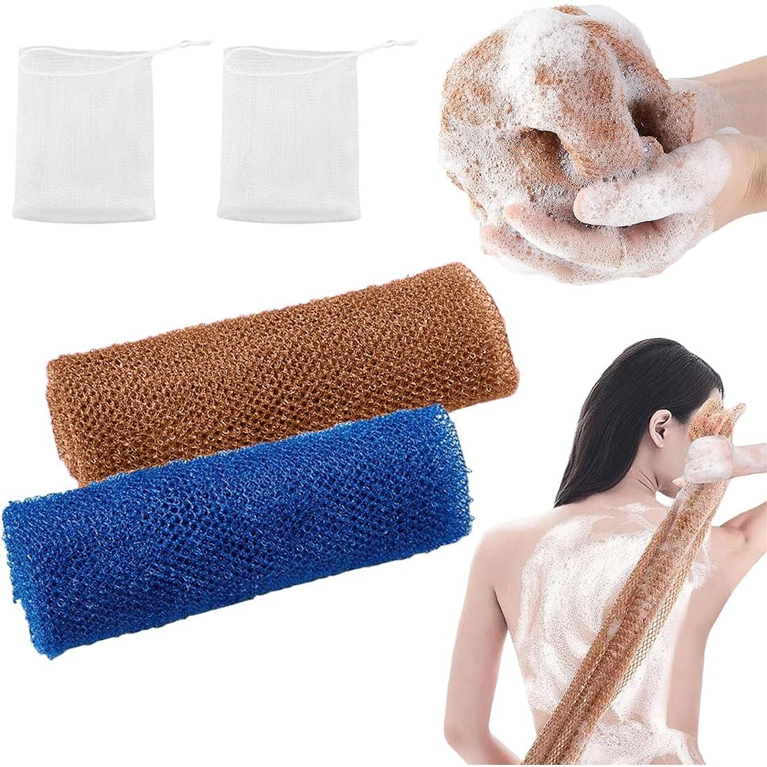 USTNIR 2 redes de baño, 2 redes de espuma de jabón, red exfoliante africana, esponja de baño larga, malla de nailon africana, malla de espuma larga, adecuada para baño y fregar, exfoliante
