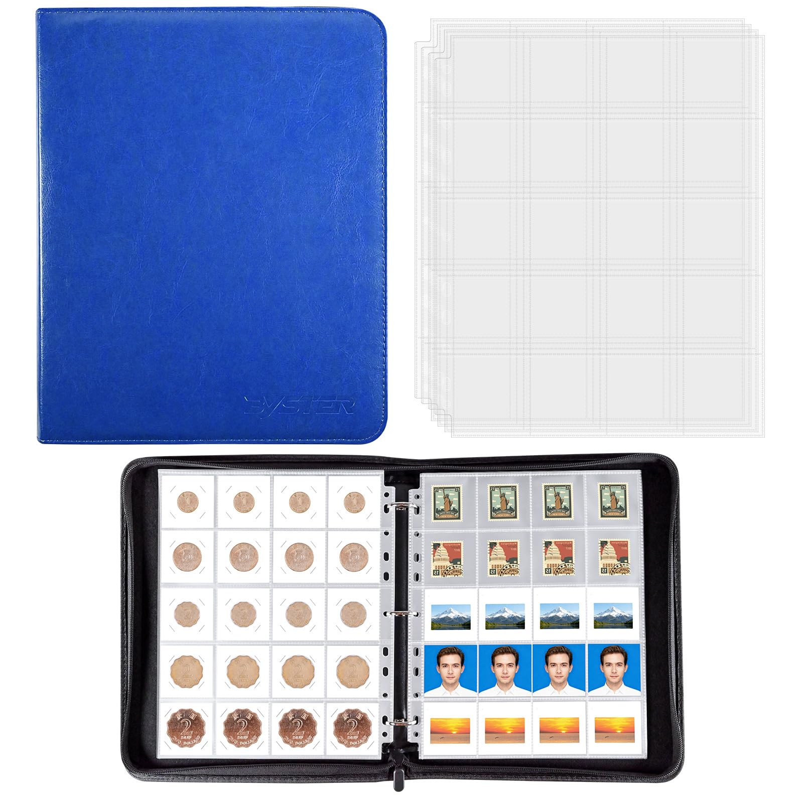 BYSTER Libro de colección de monedas, paquete de 30 fundas para monedas de 600 bolsillos, álbum de piel sintética, organizador de colección de monedas (tapas de monedas no incluidas), color azul