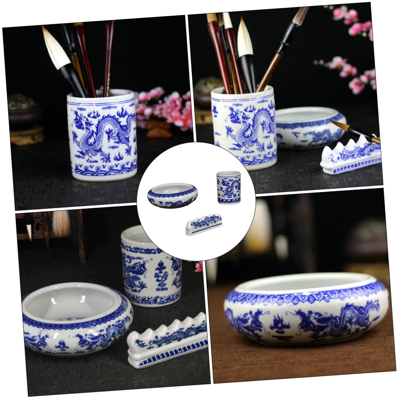 Ensemble Pot à Crayons Céramique Bleu et Blanc Petit, Bac à Laver Pinceaux Calligraphie Multifonction, Support Stylo Pinceau Cylindrique pour Bureau Artistique