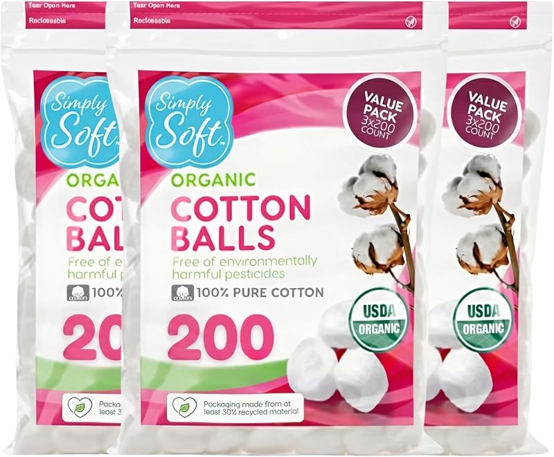Bolas de Algodão Orgânico Simply Soft, 600 unidades, 3 pacotes