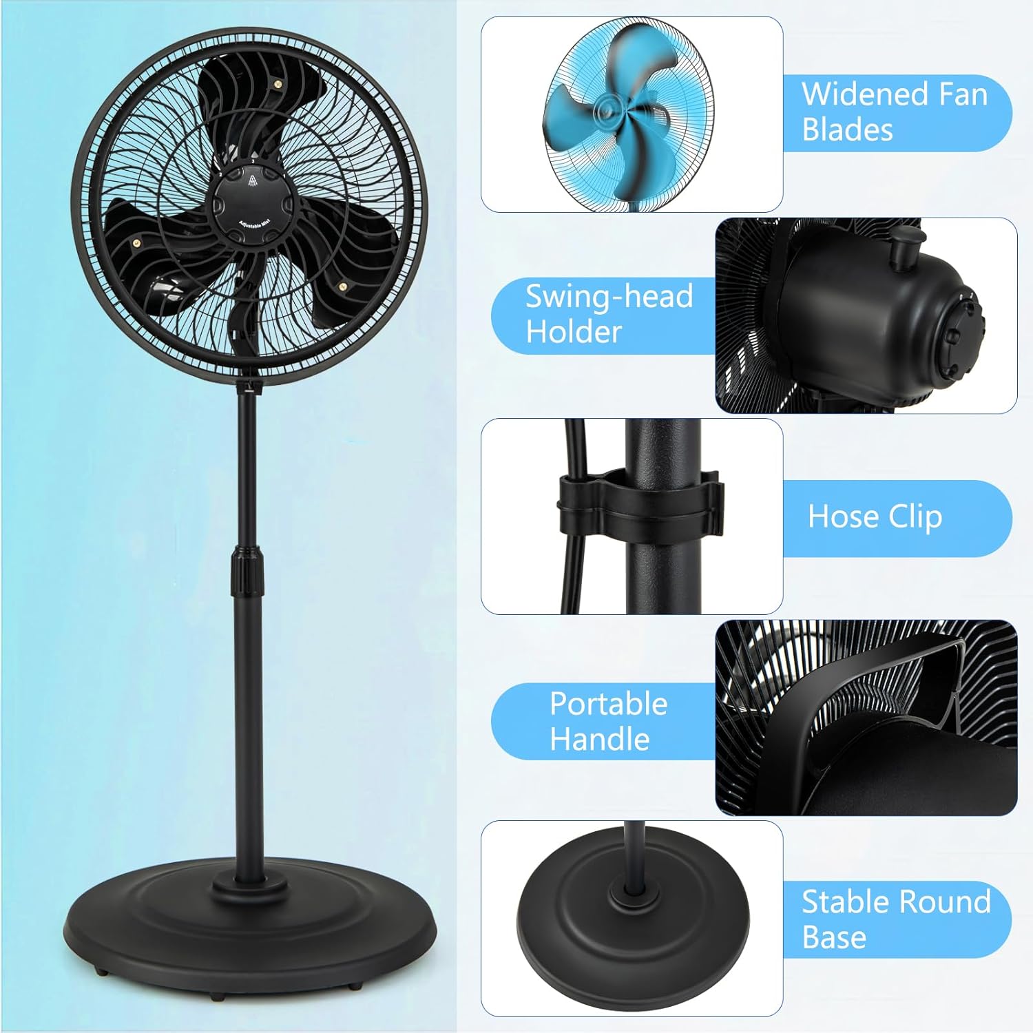 SIMOE 16Inch Misting Fan for Outside, Oscillating Stand Fan for Patios, Outdoor Cooling Pedestal Fan with Adjustable Height, 3-Speed, 3 Misting Setting, 90°Oscillation, Hose Connection and GFCI Plug