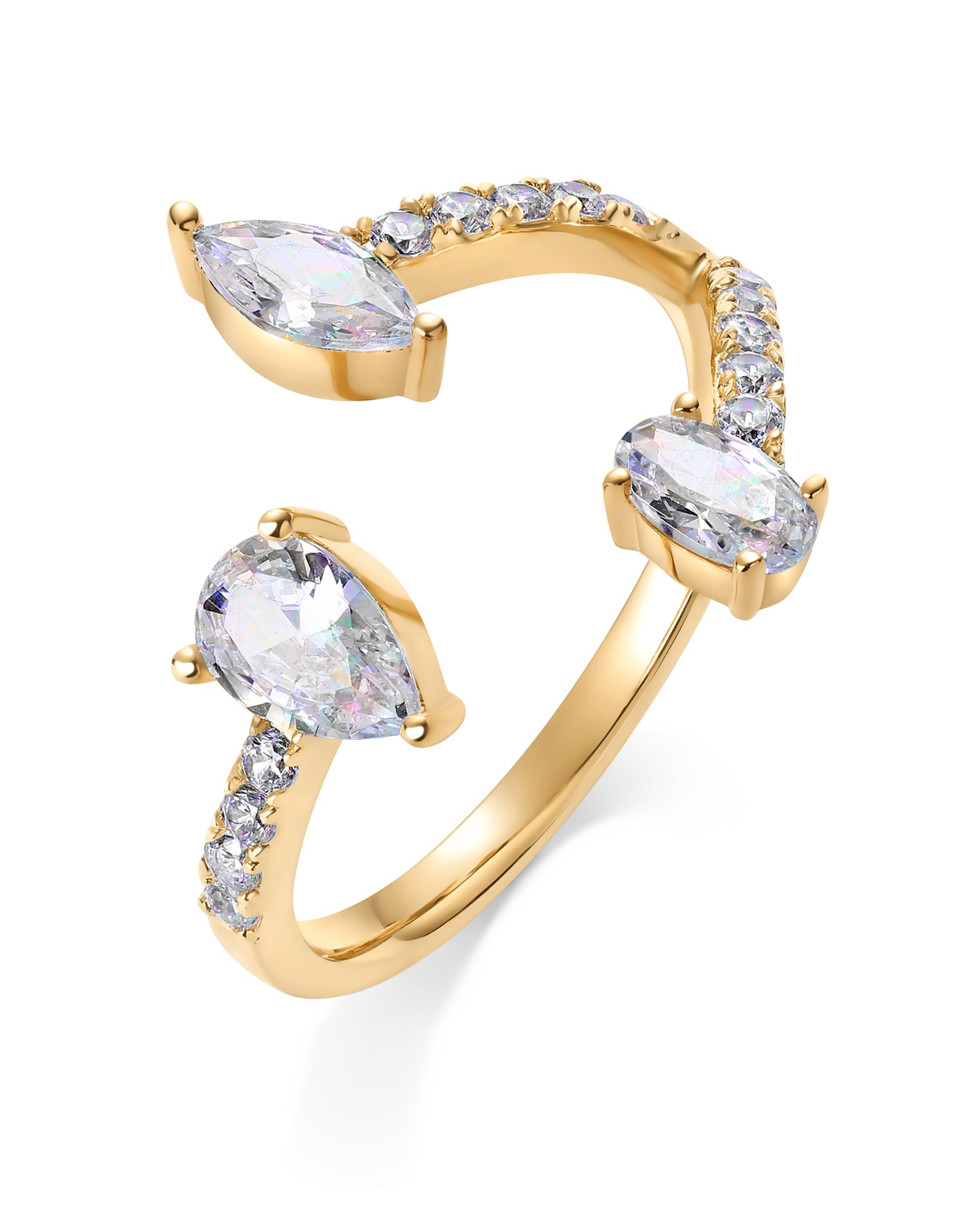 PAVOI 14K Gold Plated Cubic Zirconia Bypass Open Band Stackable Ring for Women | CZ Statement Eternity Rings