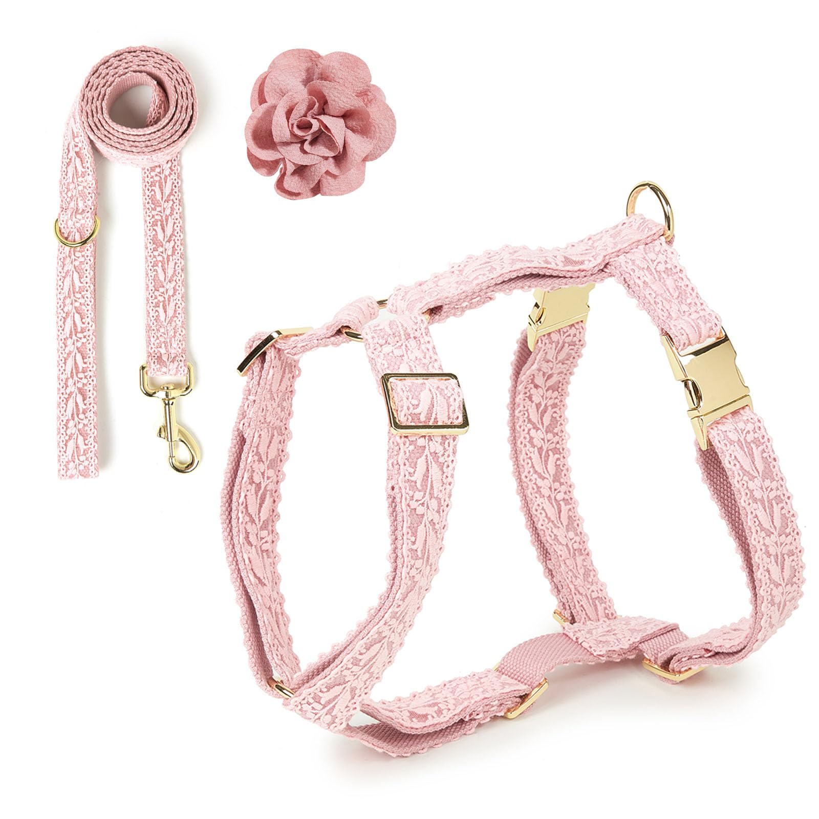 HQREA Embroidered Dog Harness and Leash Set for Medium Dogs Adjustable Cotton Lace Handmade 4-5 FT Leash with Bowknot Flower Gift for Female Dog M — image 1