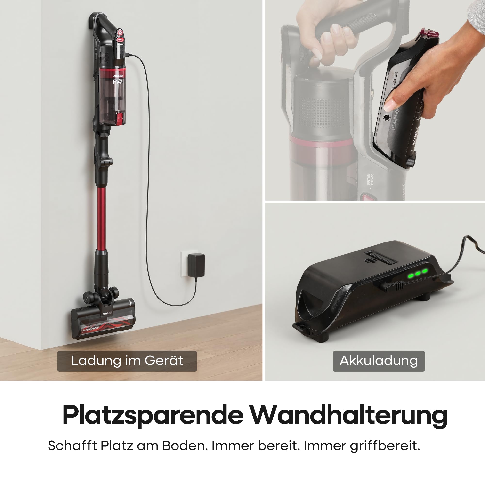 FAMIVAC FV3 Akku Staubsauger 60KPa/ 50Min/ 120㎡, Staubsauger Kabellos mit Knickgelenk-Rohr, Selbststehend, Grüne LED-Licht, Anti-Tangle-Bürste Akkustaubsauger für Hartböden/Teppich/Tierhaare/Auto