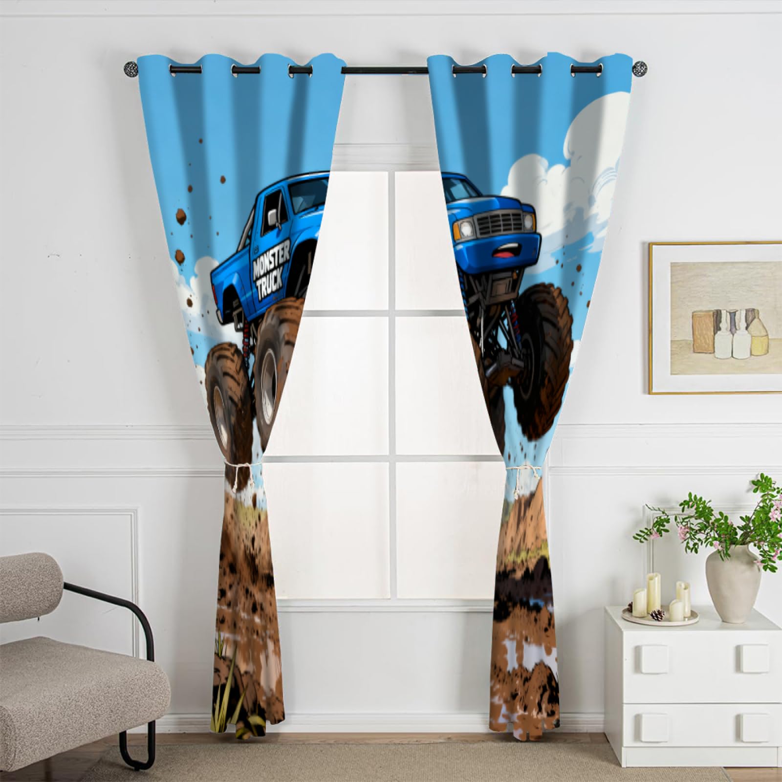 Monster Truck Chambre Rideau Occultant,Camion de Dessin animé Rideaux Oeillets,Bandes dessinées américaines Salon Draperies,d'illustration Panneaux de Rideaux intérieurs L132 x H214cm 2 Panneaux