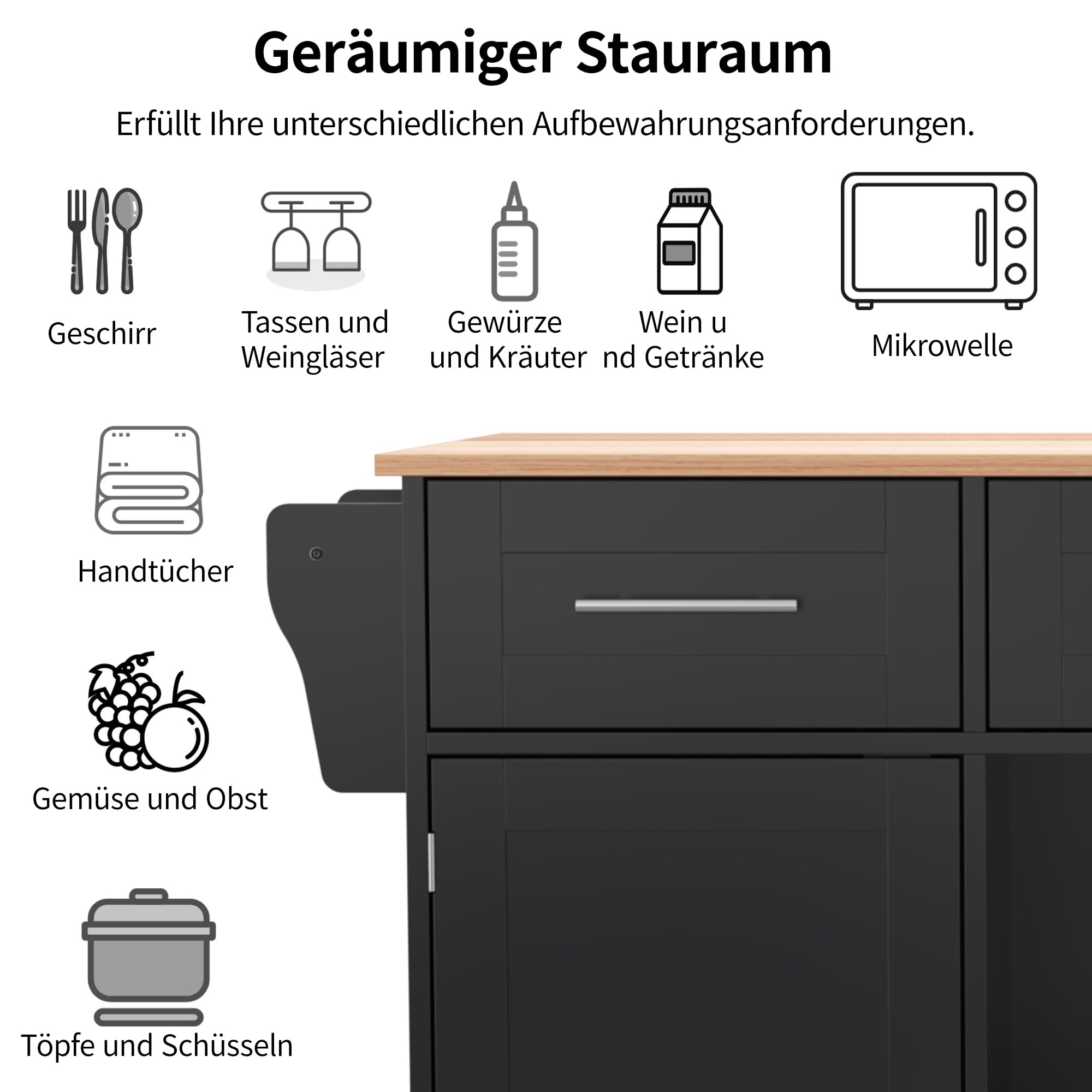 Kücheninsel mit abklappbarer Arbeitsplatte, bewegliche Kücheninsel Servierwagen auf Rollen mit 3 Schubladen/2 Schließfach/auswechselbare Massivholzfüße, 139x46(71) x91,5 cm