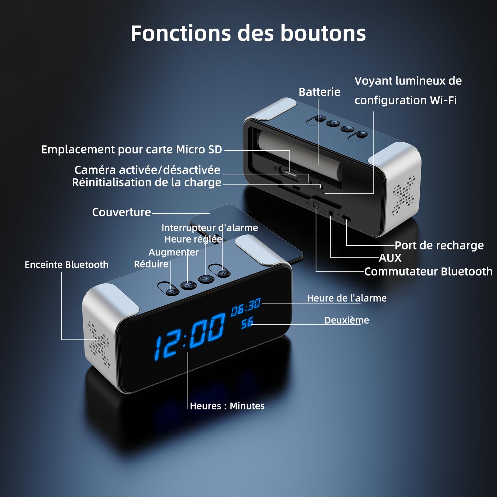 Camera Espion Réveil WiFi 4K Discret sans Fil | mini camera espion sans fil, lecteur Bluetooth, vision infrarouge, détection mouvement BT, mini camera, accès distant app